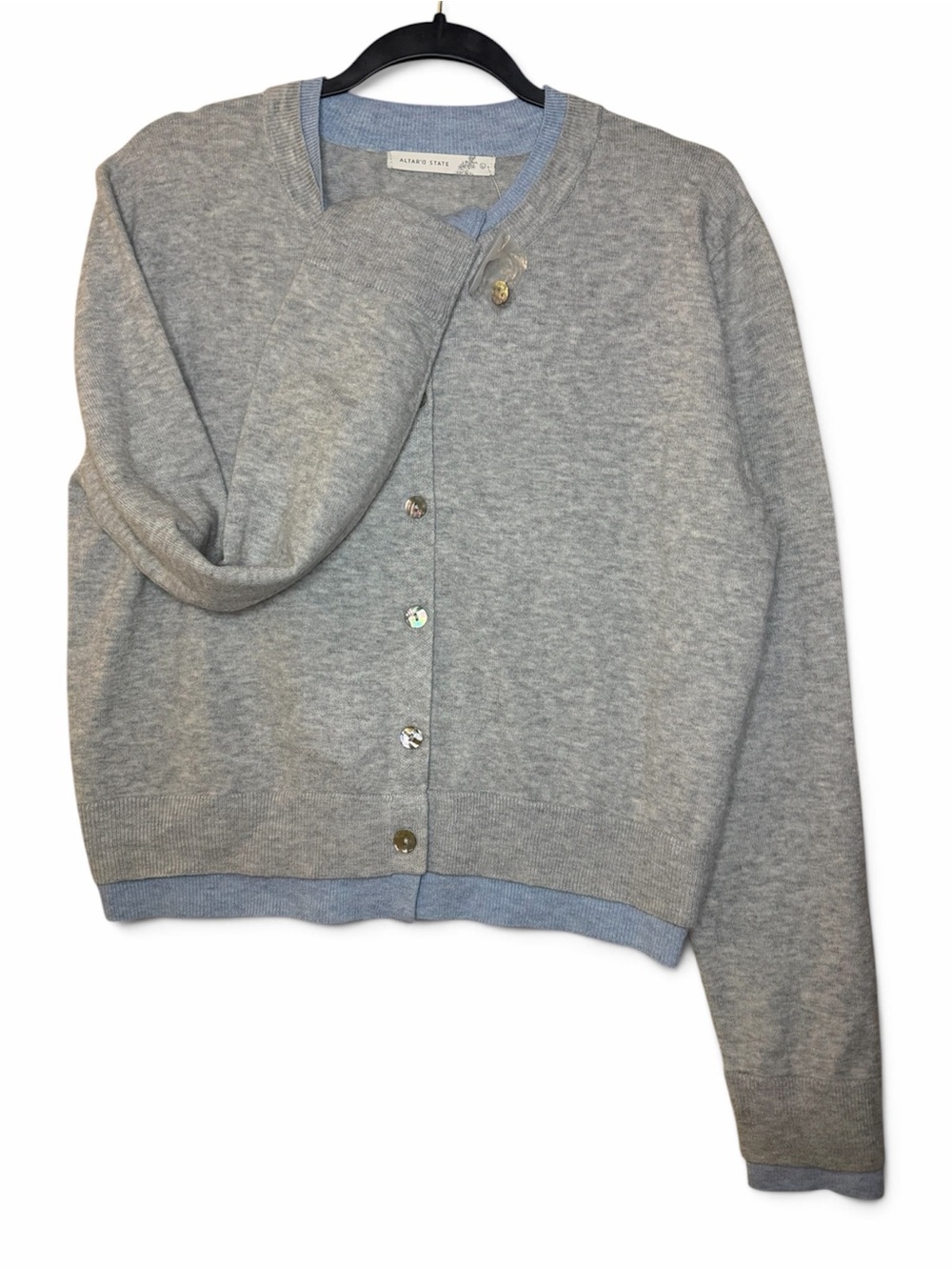 Altar'd State Light Gray Crewneck Button-Up Cardigan with Blue Trim